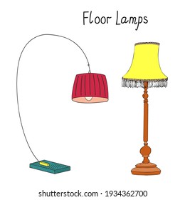 Floor Lamps vector set with inscription. Futuristic lamp and Vintage torchiere with fringed lampshade hand drawn artistic sketch