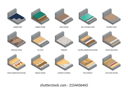 Floor layers set with laminate tiles piece parquet and rubber mats samples isolated vector illustration