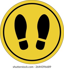 Floor markings. Stand here. Social distancing. Yellow circle sticker. Warning icon. Sign yellow. Circle label.