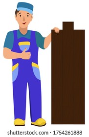 Floor master presents high-quality production, company worker who produce floors from wood, vinyl, laminate. Illustration in a flat style isolated on white