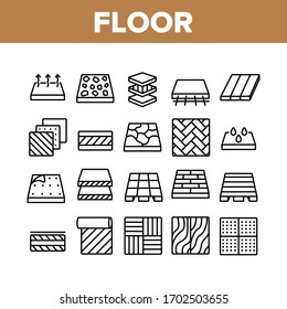 Floor And Material Collection Icons Set Vector. Parquet And Carpet, Laminate And Marble, Linoleum Roll And Waterproof Floor Concept Linear Pictograms. Monochrome Contour Illustrations