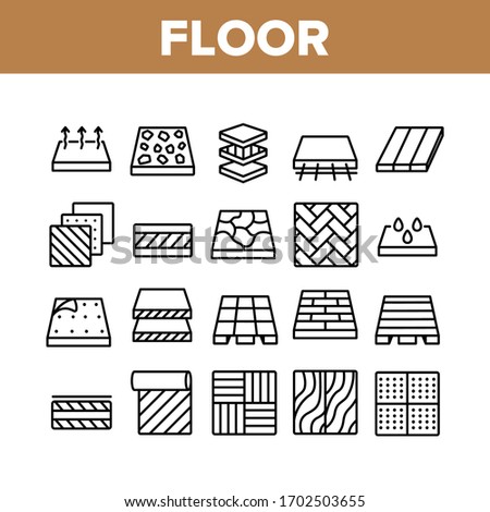 Floor And Material Collection Icons Set Vector. Parquet And Carpet, Laminate And Marble, Linoleum Roll And Waterproof Floor Concept Linear Pictograms. Monochrome Contour Illustrations