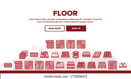 Floor And Material Landing Web Page Header Banner Template Vector. Parquet And Carpet, Laminate And Marble, Linoleum Roll And Waterproof Floor Illustrations