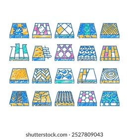 floor material layers renovation doodle icons set vector. sketch line art tile and parquet, stone and wooden floor material, linoleum and carpet, children play room ground contour illustrations