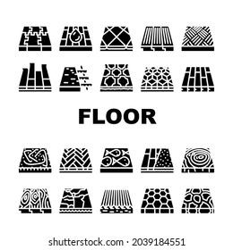 Floor Material Layers Renovation Icons Set Vector. Tile And Parquet, Stone And Wooden Floor Material, Linoleum And Carpet, Children Play Room Sport Ground Flooring Glyph Pictograms Black Illustrations