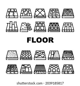 Floor Material Layers Renovation Icons Set Vector. Tile And Parquet, Stone And Wooden Floor Material, Linoleum And Carpet, Children Play Room And Sport Ground Flooring Contour Illustrations