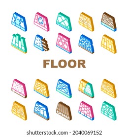 Iconos De Renovación De Capas De Material Del Suelo Set Vector. Baldosas Y Parqué, Piedra Y Madera En El Suelo, Linóleo Y Alfombra, Los Niños Juegan En La Habitación Deportiva En El Suelo Terrestre Isometric Signos De Ilustración
