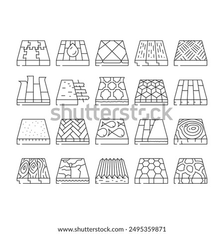 Floor Material Layers Renovation Icons Set Vector. Tile And Parquet, Stone And Wooden Floor Material, Linoleum And Carpet, Children Play Room And Sport Ground Flooring Contour Illustrations