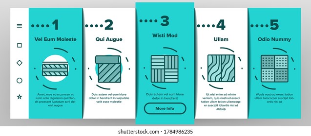 Bildschirm "Stock and Material Onboarding Mobile App Page" (Fußbodenbelag und Material), Vektorgrafik. Parkett- und Teppichböden, Laminat- und Marmor, Linoleum- und wasserdichte Bodenillustrationen