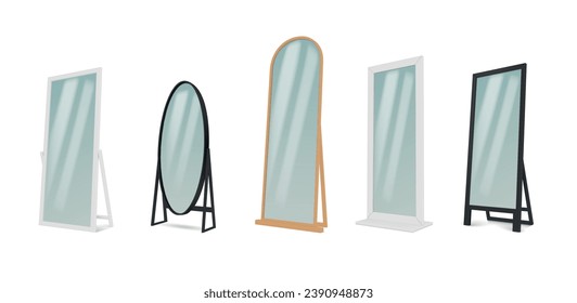 Floor mirror different shape stylish interior element wooden and metallic frame set realistic vector illustration. Furniture decor accessory for looking reflection stand classic modern fashion glass