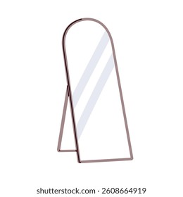 Floor mirror with frame on stand. Full-length home decoration, glass reflection. Big large high interior room accessory, modern design style. Flat vector illustration isolated on white background