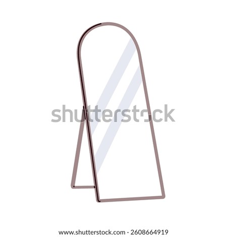 Floor mirror with frame on stand. Full-length home decoration, glass reflection. Big large high interior room accessory, modern design style. Flat vector illustration isolated on white background