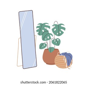 Floor mirror, house plant in planter, wicker basket with plaid. Composition of modern interior objects for home design and decoration. Colored flat vector illustration isolated on white background