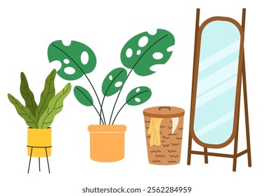 Floor mirror, house plant in planter, wicker basket with plaid. Composition of modern interior objects for home design and decoration. Colored flat vector illustration isolated on white background