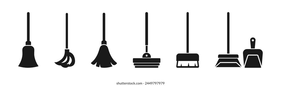 Bodenwischmop-Symbole gesetzt. Mopp und Besen zum Reinigen. Vektorgrafik.