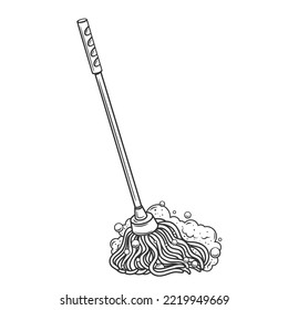 Floor Mop Outline Icon Vector Illustration. Line Hand Drawn Cleaning Tool With Handle And Soapy Foam To Wash Or Clean Dirty Surfaces Of Room With Water And Disinfectant Detergent, Mop Cleanup