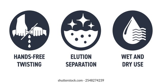 Conjunto de ícones de características do esfregão de assoalho - Torção sem as mãos, Separação de eluição, Uso úmido e seco - pictogramas circulares para rotulagem em estilo plano monocromático