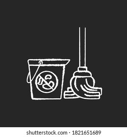 Floor mopping chalk white icon on black background. Room disinfection, home cleaning. Housework, domestic chores. Mop and bucket with antibacterial detergent isolated vector chalkboard illustration