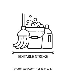 Floor mopping linear icon. Household chore, washing floors. Domestic cleanup thin line customizable illustration. Contour symbol. Janitorial service. Vector isolated outline drawing. Editable stroke