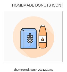 Floor and oil color icon. Wheat all purpose baking floor and vegetable oil. Concept of home baking, donuts and pastry ingredients. Recipe and grocery. Isolated vector illustration