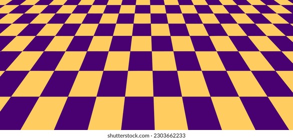 Floor in perspective with yellow- violet checkerboard texture. Empty chess board. Vector illustration.