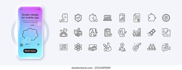 Floor plan, Algorithm and Budget accounting line icons for web app. Phone mockup gradient screen. Pack of Musical note, Attachment, Approved report pictogram icons. Vector