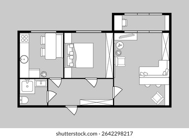 Plano de andar de apartamento, projeto arquitetônico de quartos de casa. Habitação imobiliária vetor com varanda e corredor, cozinha e casa de banho. Mobiliário e acessórios de decoração em planta