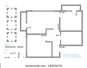 Floor Plan. Apartment Blueprint with Construction Elements. House Project. Vector Illustration 