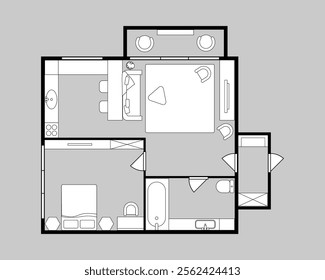 Floor plan of apartment or house with furniture schematic arrangement. Vector top view line layout of rooms and furnishing, modern bedroom and bathroom, kitchen and lounge space designs