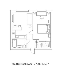Andar plano do apartamento. Ilustração de um plano de casa simples sobre um fundo branco. Ilustração vetorial em estilo de arte em linha 