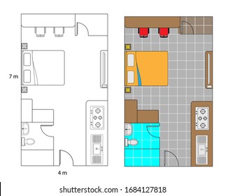 Floor Plan Apartment Type Studio. Monochrome and Color Floor Plan