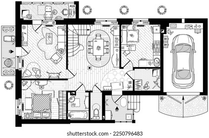 Floor plan of apartments. Layout of the cottage with a garage and balconies. A project with the arrangement of furniture in a larger private house. The furnishing of the rooms in top view. Vector 