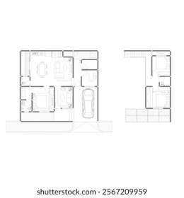 floor plan with appropriate spatial arrangement and furniture for a small building with an open space concept in the living room area