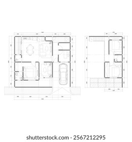 floor plan with appropriate spatial arrangement and furniture for a small building with an open space concept in the living room area