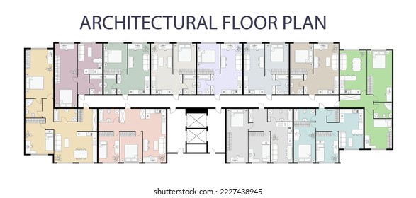 Floor plan. Architectural apartment project. One, two bedroom apartment. Interior design elements kitchen, bedroom, bathroom with symbols furniture. Vector architecture 2d floor plan.