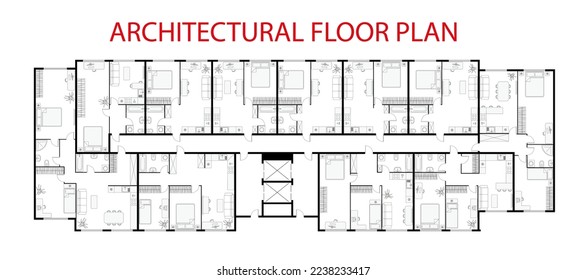 Floor plan. Architectural apartment project. One, two bedroom apartment. Interior design elements kitchen, bedroom, bathroom with symbols furniture. Vector architecture 2d floor plan.