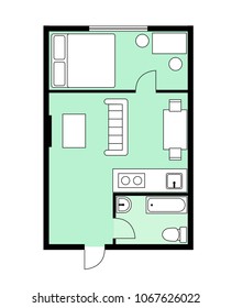 Floor plan architectural vector illustration apartment, studio, condominium. house floor plan, blueprint. One bedroom house/apartment. 1 Bedroom and 1 Bathroom.