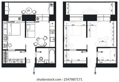 Planta de chão com arranjo de móveis, vista de cima. Plano arquitetônico de medição de apartamento. Projeto de design de interiores. Elementos de cozinha, quarto, banheiro, sala de estar. Vetor