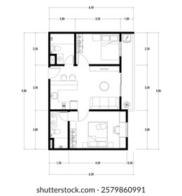 Floor plan blueprint of apartment, Figure of the jotting sketch of the construction and the industrial skeleton of the structure and dimensions.