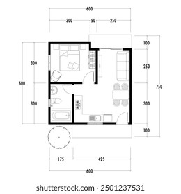 Floor plan blueprint, Figure of the jotting sketch of the construction and the industrial skeleton of the structure and dimensions.