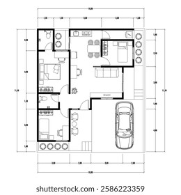 Floor plan blueprint, Figure of the jotting sketch of the construction and the industrial skeleton of the structure and dimensions.