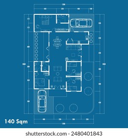 Floor plan blueprint type 140 sqm, Figure of the jotting sketch of the construction and the industrial skeleton of the structure and dimensions. vector eps 10
