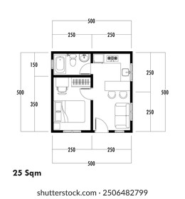 Plano de Plan de piso tipo 25 metros cuadrados, figura del boceto de la construcción y el esqueleto industrial de la estructura y las dimensiones.
