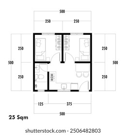 Plano de Plan de piso tipo 25 metros cuadrados, figura del boceto de la construcción y el esqueleto industrial de la estructura y las dimensiones.