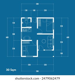 Plano de Plan de suelo tipo 30 m², Figura del boceto de la construcción y el esqueleto industrial de la estructura y dimensiones. Vector eps 10