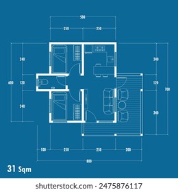 Floor plan blueprint type 31 sqm, Figure of the jotting sketch of the construction and the industrial skeleton of the structure and dimensions. vector eps 10