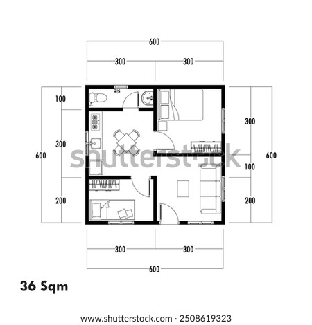 Floor plan blueprint type 36 sqm, Figure of the jotting sketch of the construction and the industrial skeleton of the structure and dimensions. vector eps 10