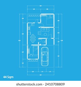 Floor plan blueprint type 44 sqm, Figure of the jotting sketch of the construction and the industrial skeleton of the structure and dimensions. vector eps 10