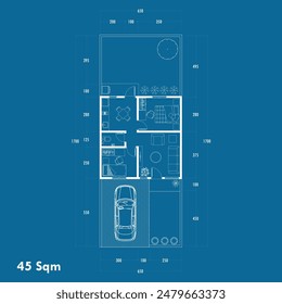 Floor plan blueprint type 45 sqm, Figure of the jotting sketch of the construction and the industrial skeleton of the structure and dimensions. vector eps 10