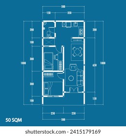 Plano de piso tipo de plano 50 m2, Figura del esbozo de jotting de la construcción y el esqueleto industrial de la estructura y dimensiones. vectores 10